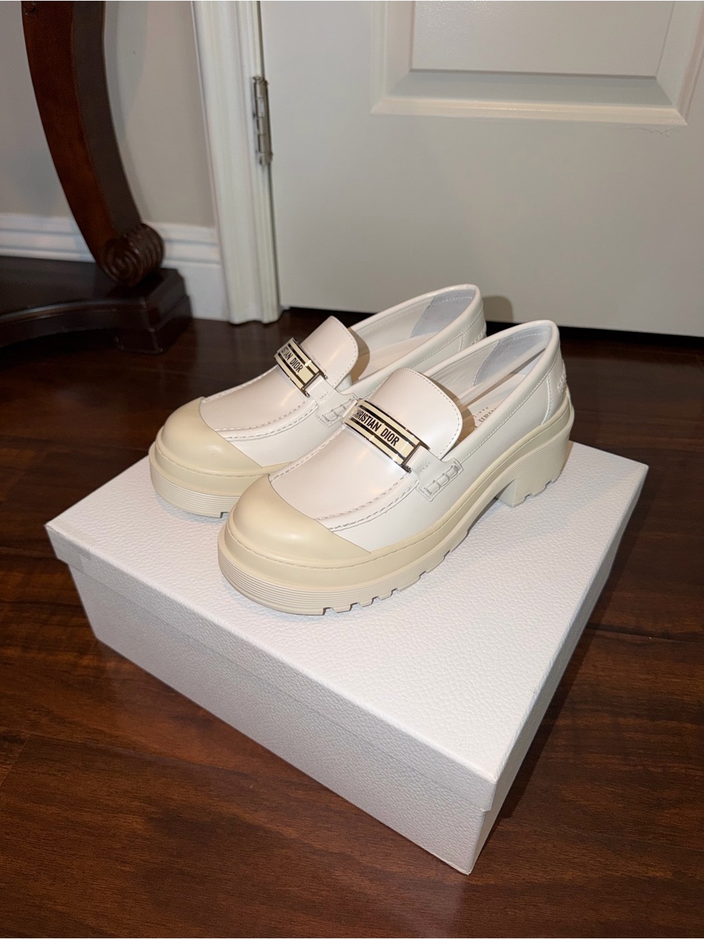 Dior Ivory Leather Lug-Sole Loafers with Logo Plaque